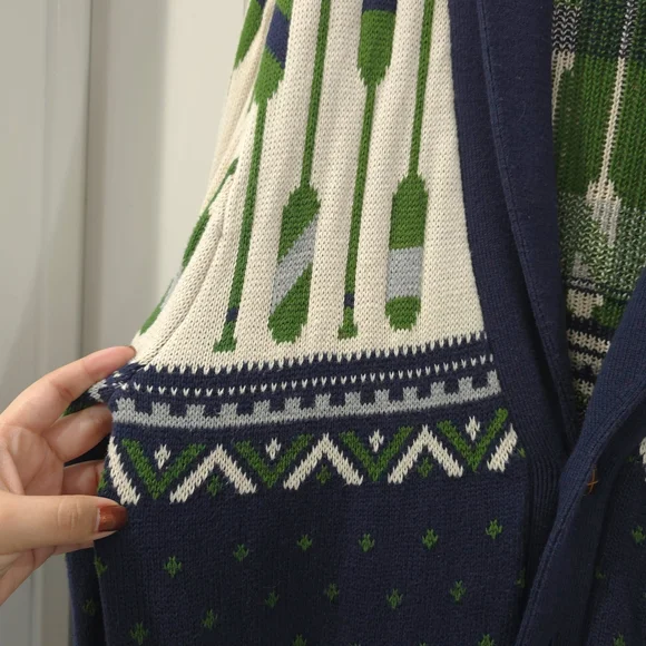 MERONA Fisherman Shawl Collar Navy Green Knit Cardigan Rowing Oar Nautical, L - Picture 4 of 11